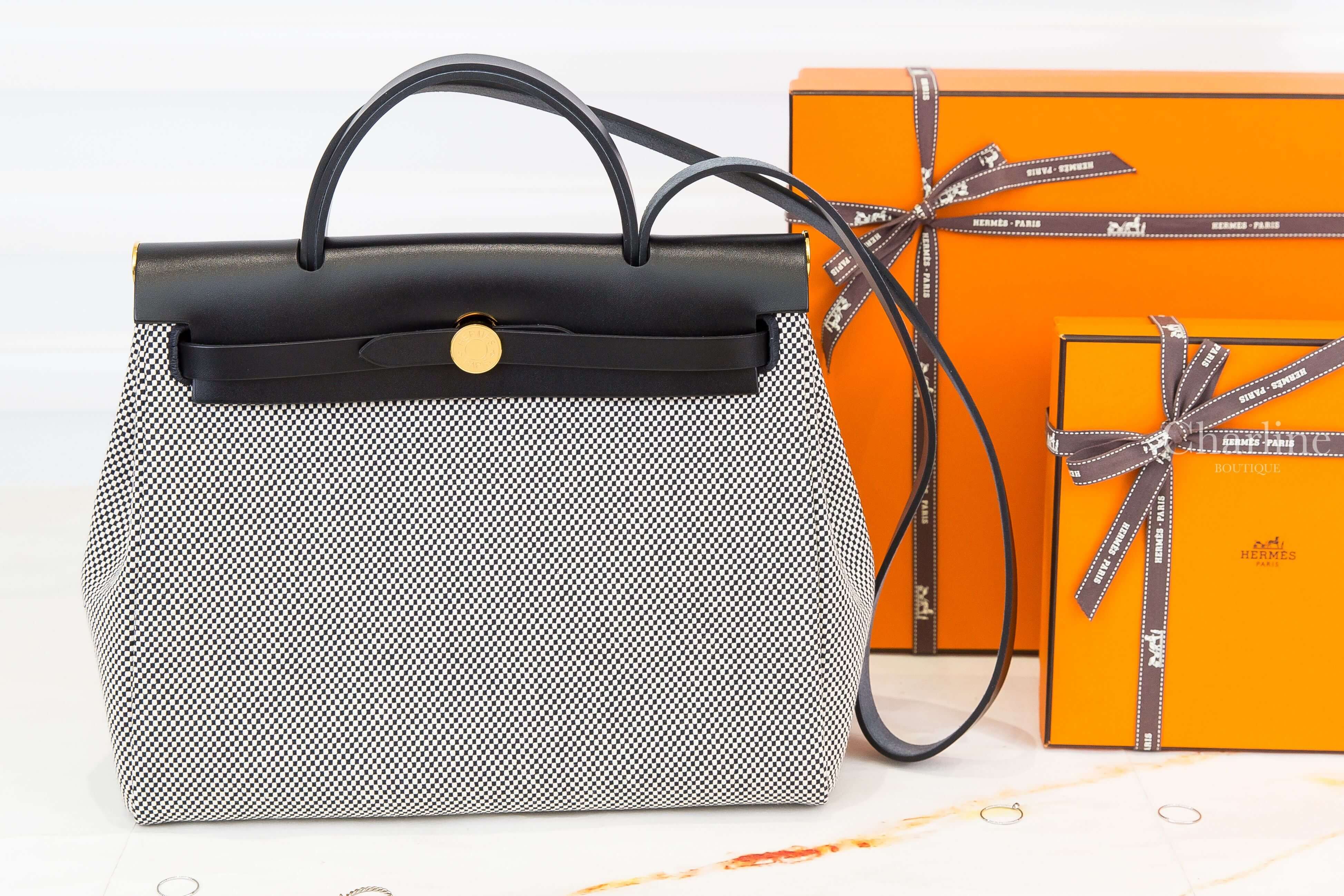 Hermès Herbag Zip 31cm Retourne Toile Criss Viking / Vache Hunter 米灰色帆布編織拼黑色皮革金釦手提肩背包