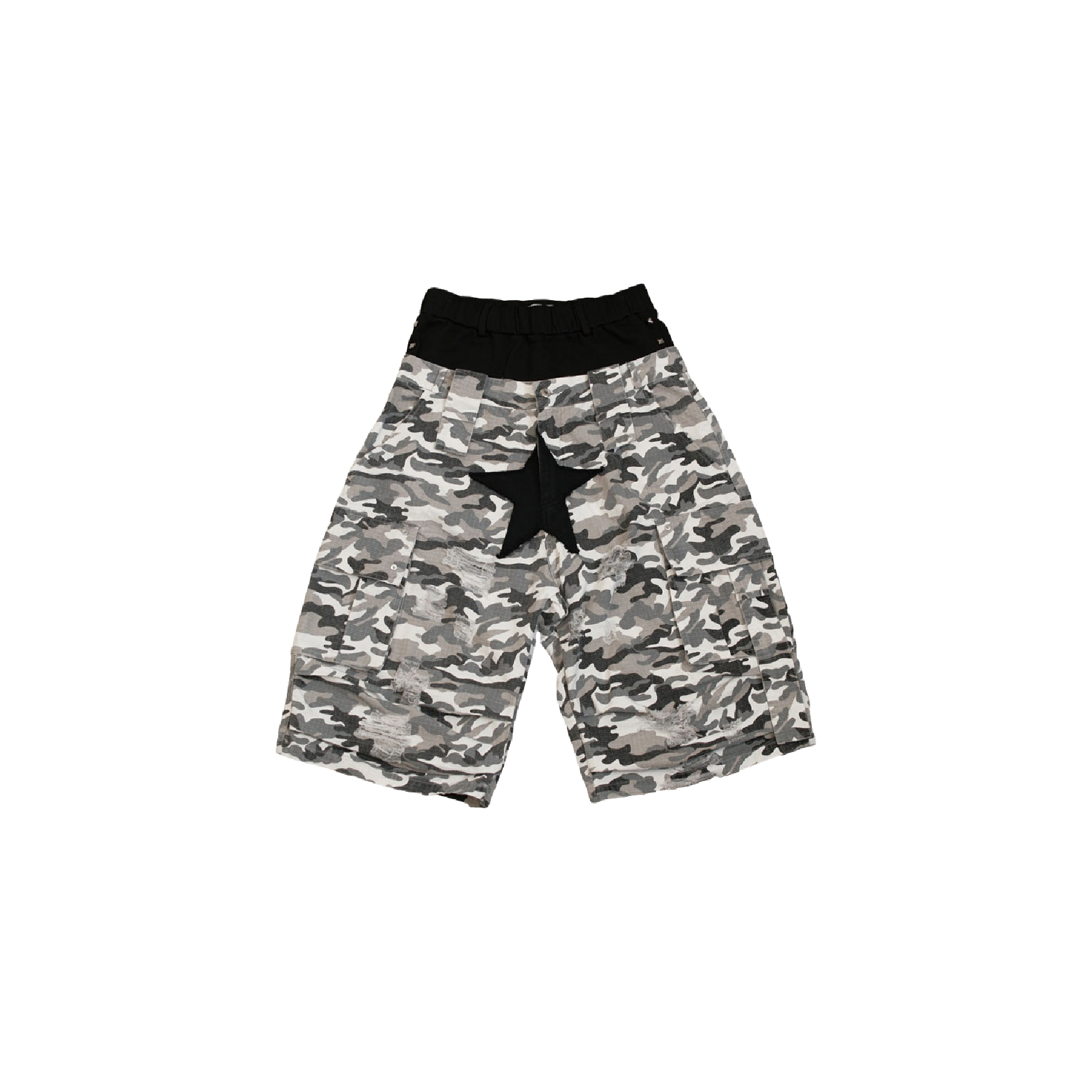 Fashion Killia STAR BADGE CAMO CROPPED PANTS 雙褲頭 迷彩 破壞 八分褲