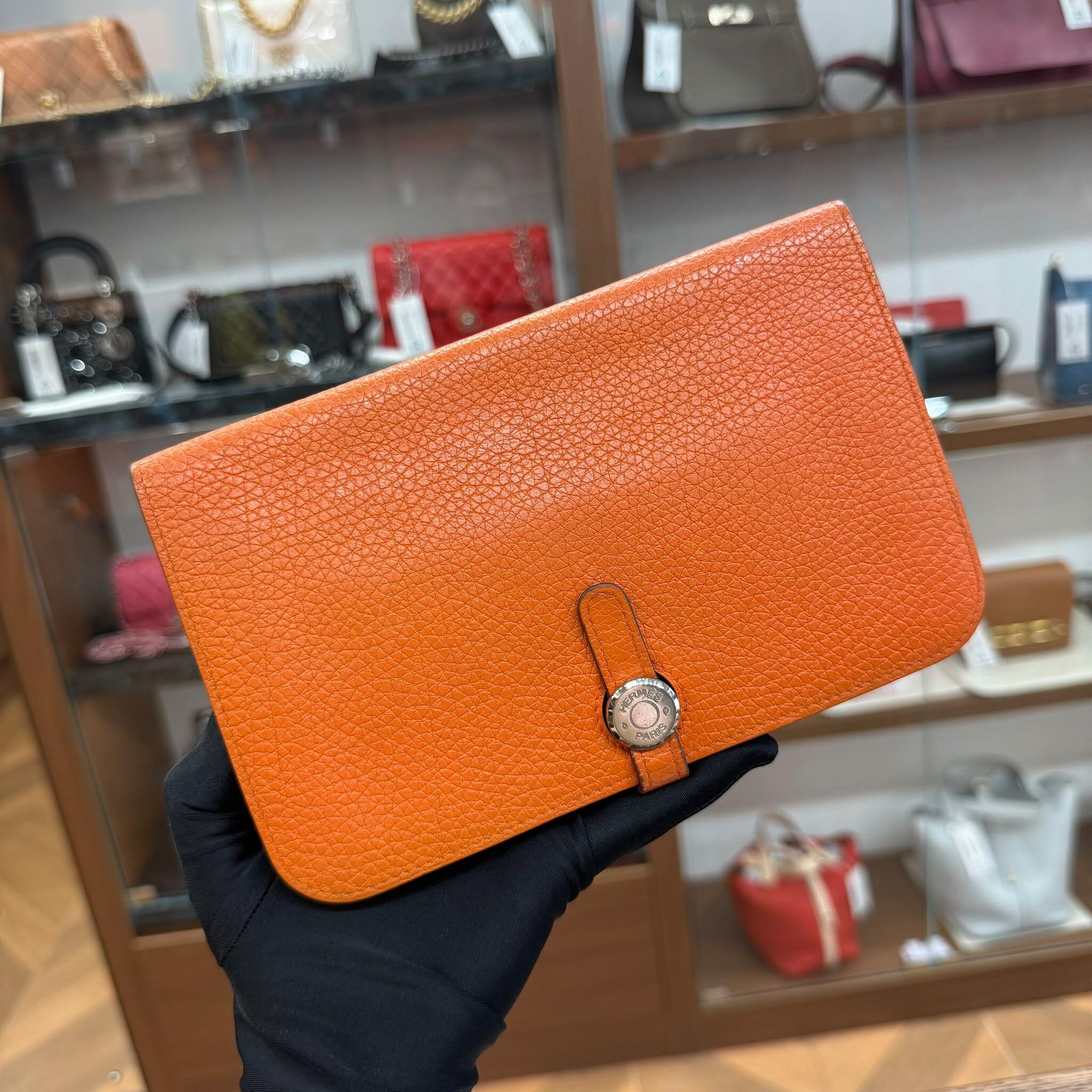 80%NEW USED HERMES DOGON DUO WALLET ORANGE 橙色銀扣TOGO皮 STAMP O #愛馬仕長銀包