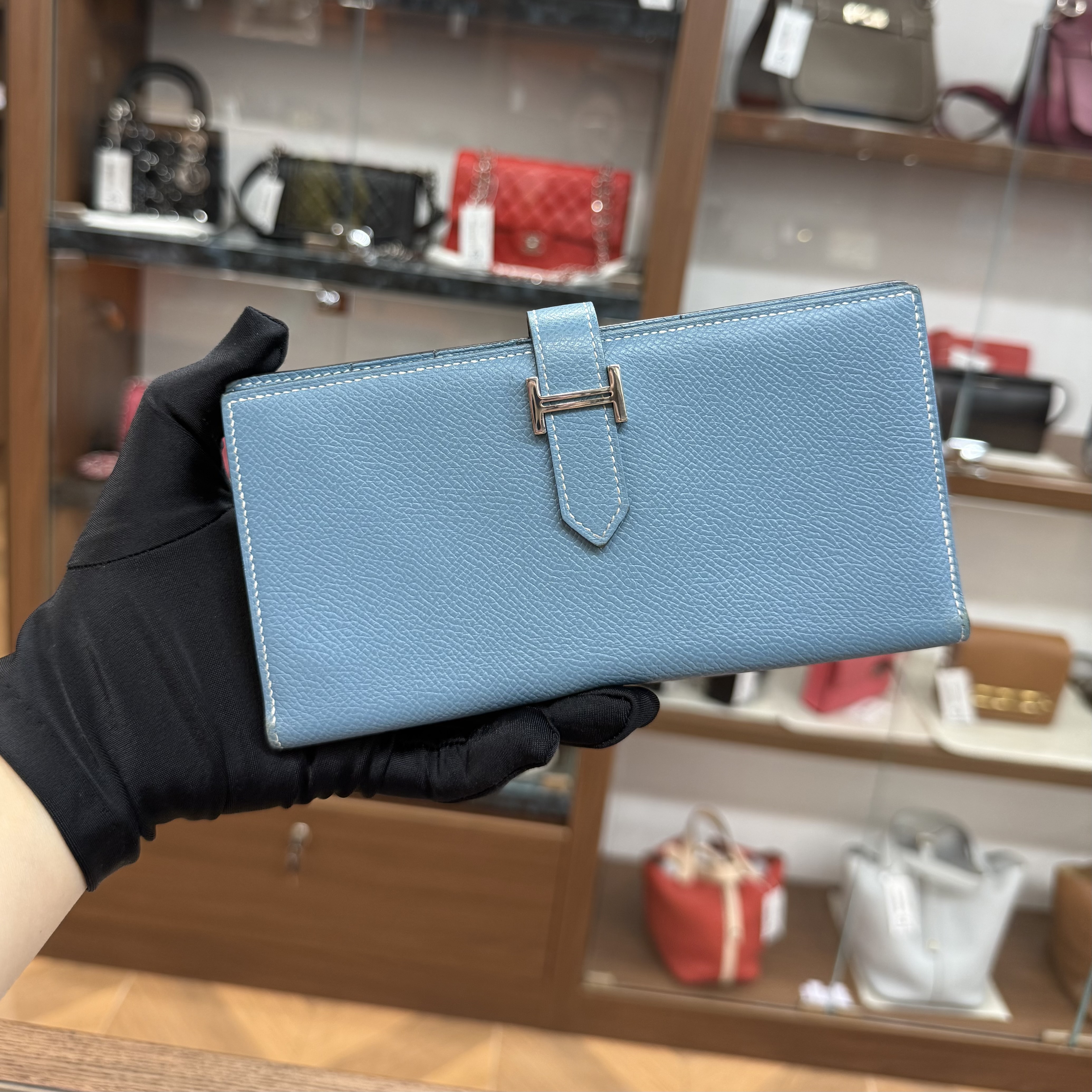 90%NEW USED HERMES BEARN LONG WALLET 牛仔藍銀扣 EPSOM皮 BLEU JEAN STAMP O #愛馬仕長銀包