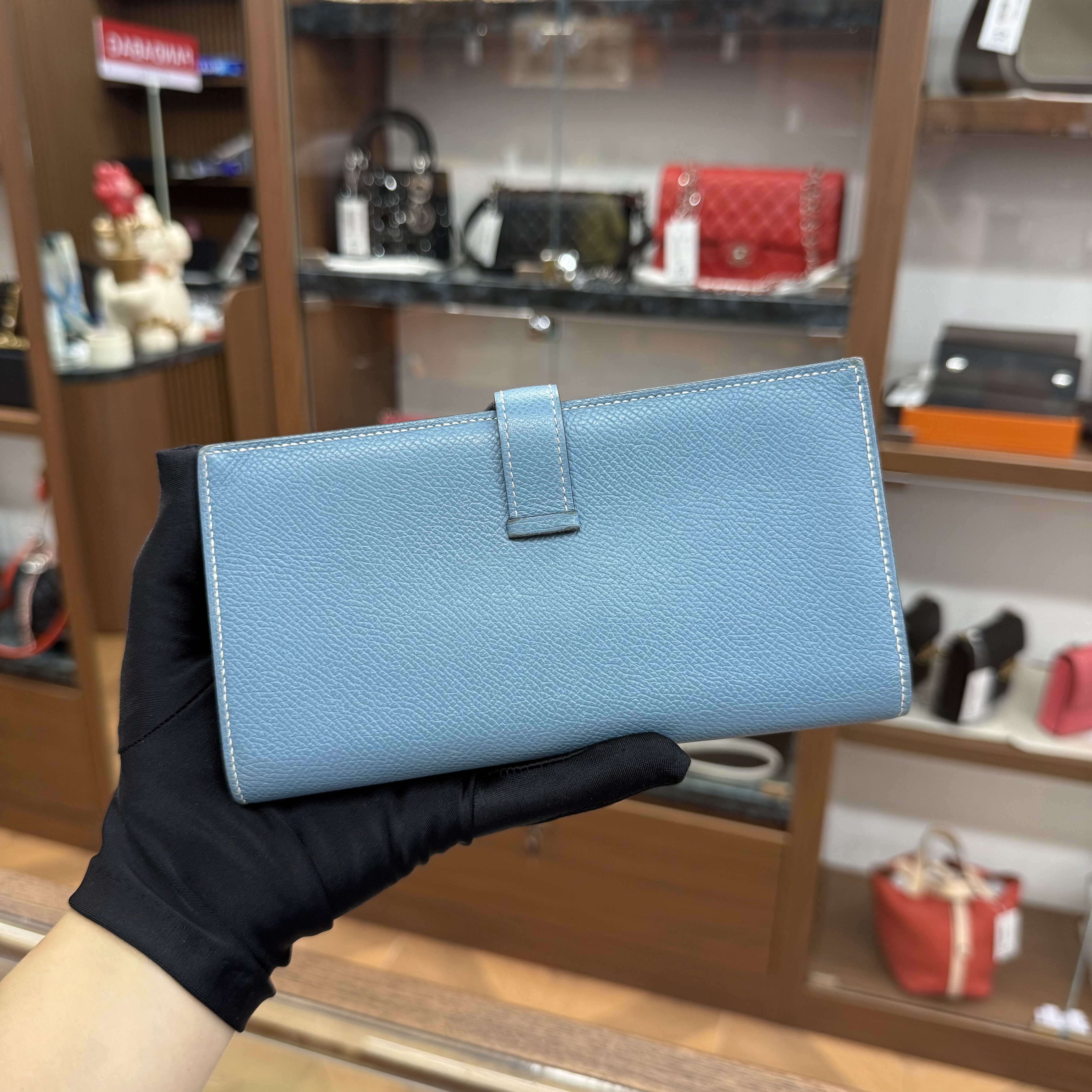 90%NEW USED HERMES BEARN LONG WALLET 牛仔藍銀扣 EPSOM皮 BLEU JEAN STAMP O #愛馬仕長銀包