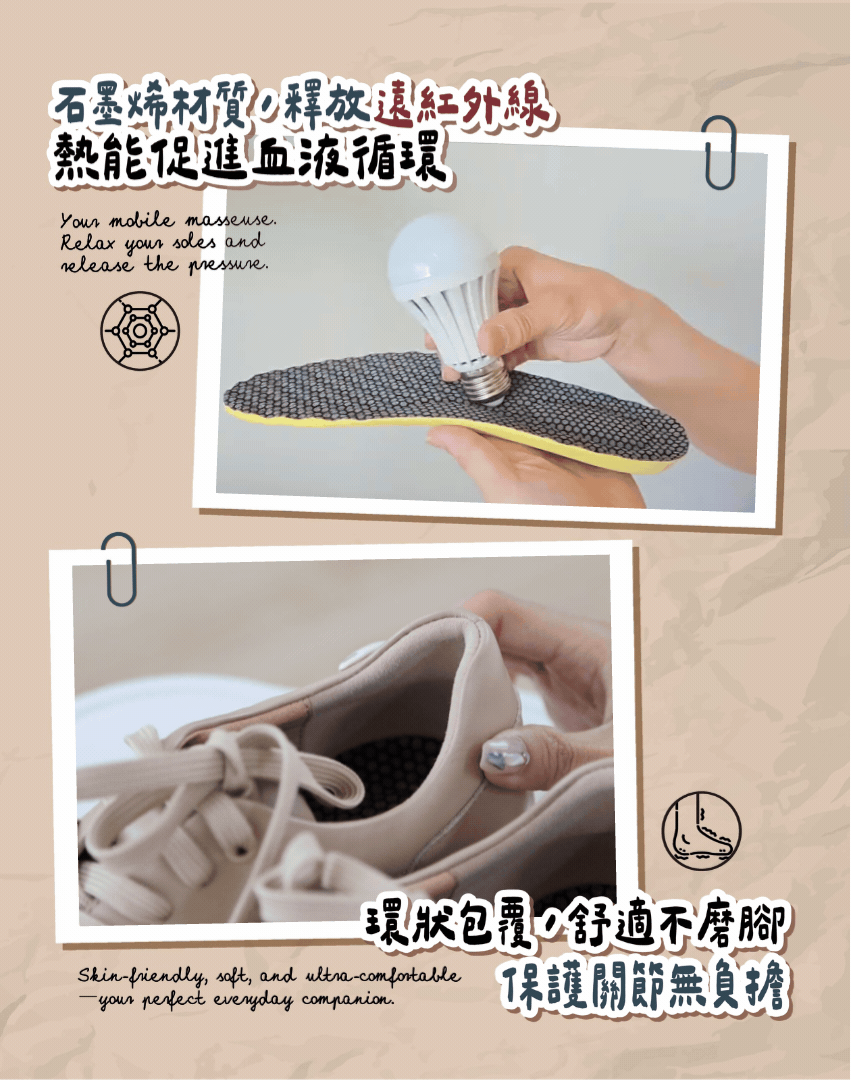墨菲真皮震動鞋採用石墨烯材質釋放遠紅外線熱能促進血液循環,環狀包覆舒適不磨腳、保護關節無負擔