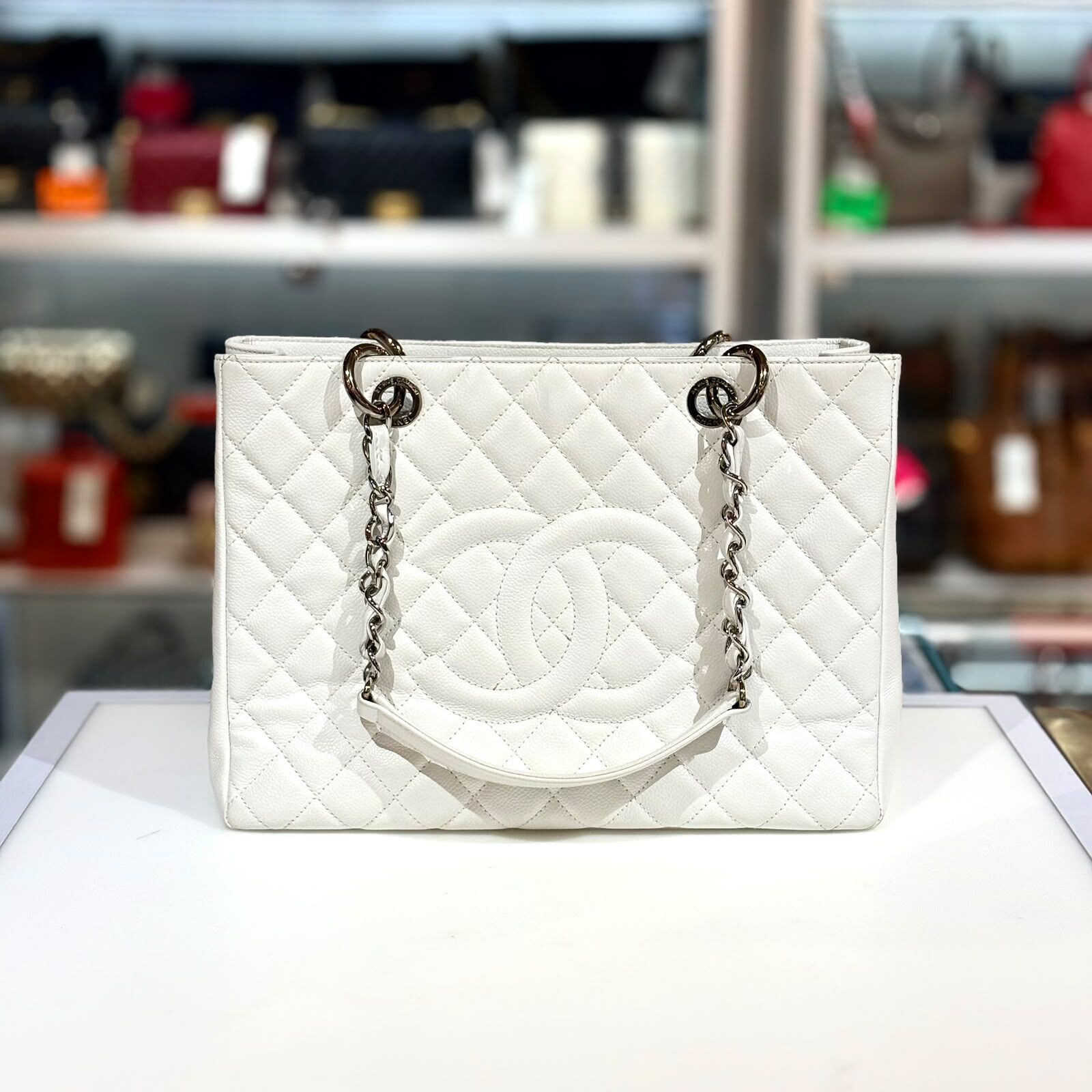 98%NEW二手CHANEL GST A50995 白色荔枝皮銀扣 @14開 #香榭站正品