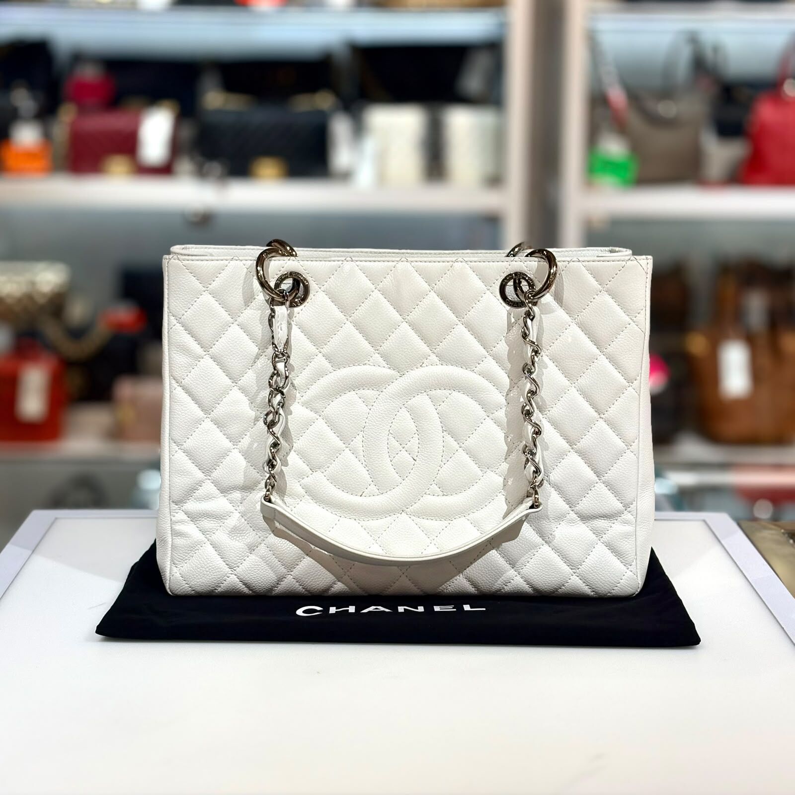 98%NEW二手CHANEL GST A50995 白色荔枝皮銀扣 @14開 #香榭站正品