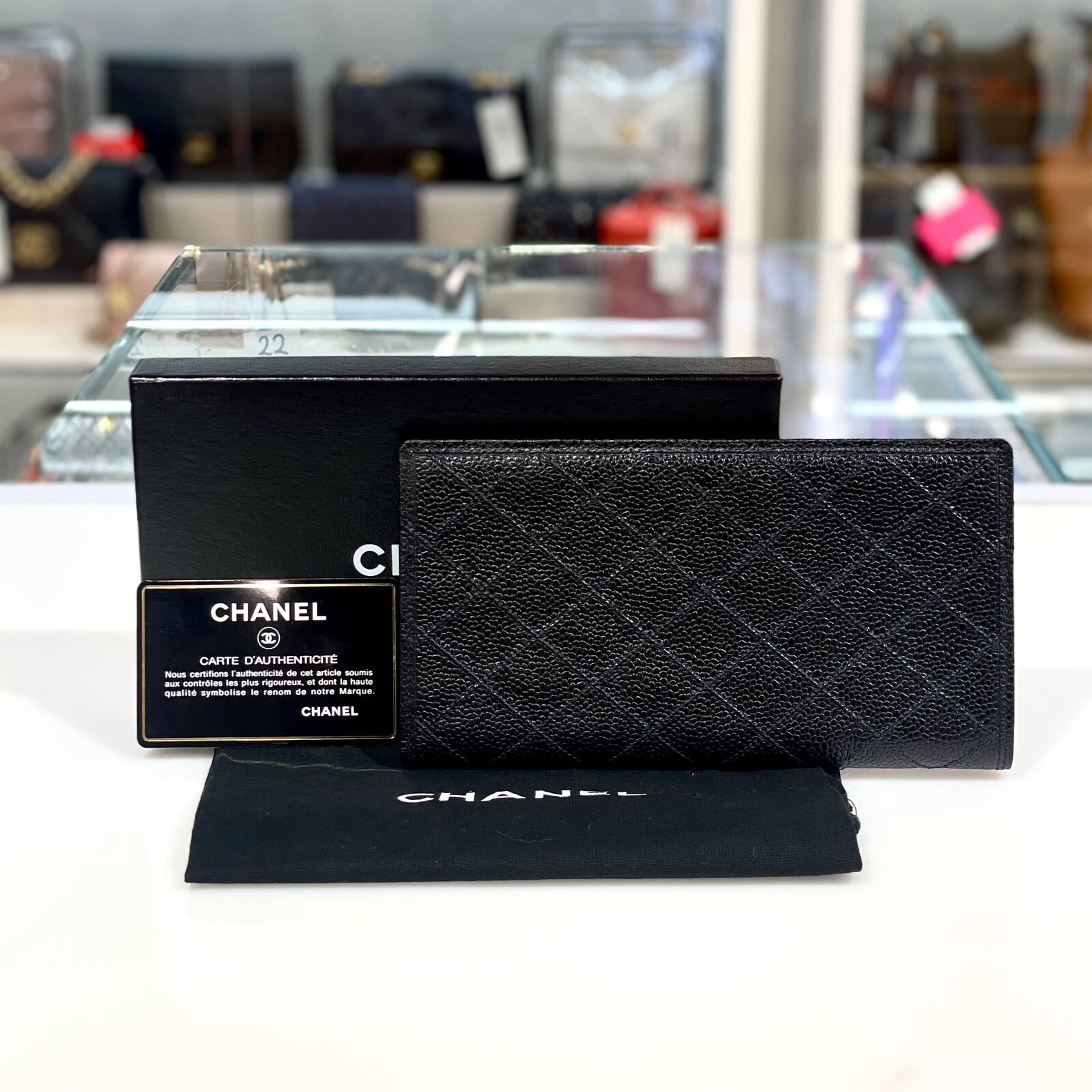99%NEW二手CHANEL 中古長銀包, 黑色荔枝皮, 香奈兒 VINTAGE LONG WALLET , #香榭站正品