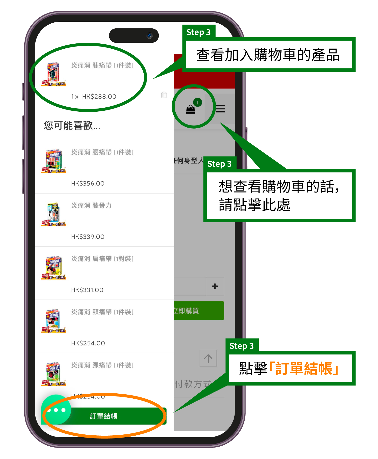 正品藥業網店購物教學步驟3：購物車頁面，查看已選購的產品及訂單結帳按鈕