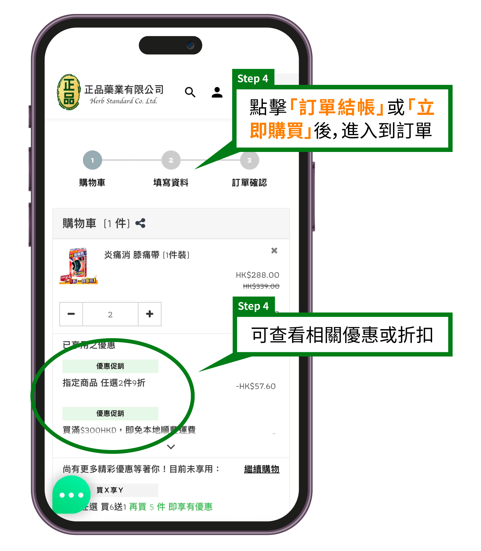正品藥業網店購物教學步驟4：購物車優惠總覽，顯示已套用折扣及促銷優惠