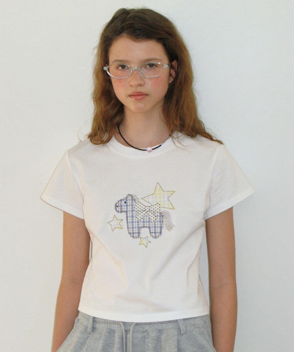 RONRON - RIBBON PONY APPLIQUE CROP T SHIRT *2色* (RR26BST5622)