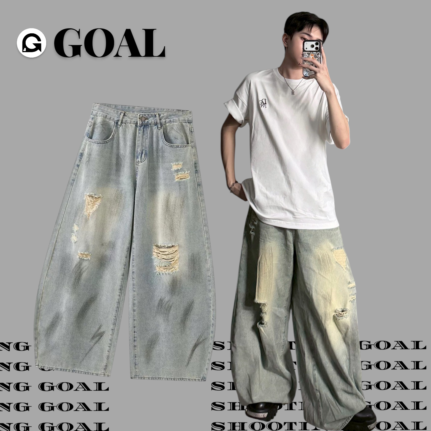 (GOAL) 做舊刷破闊腿落地褲 DT 318