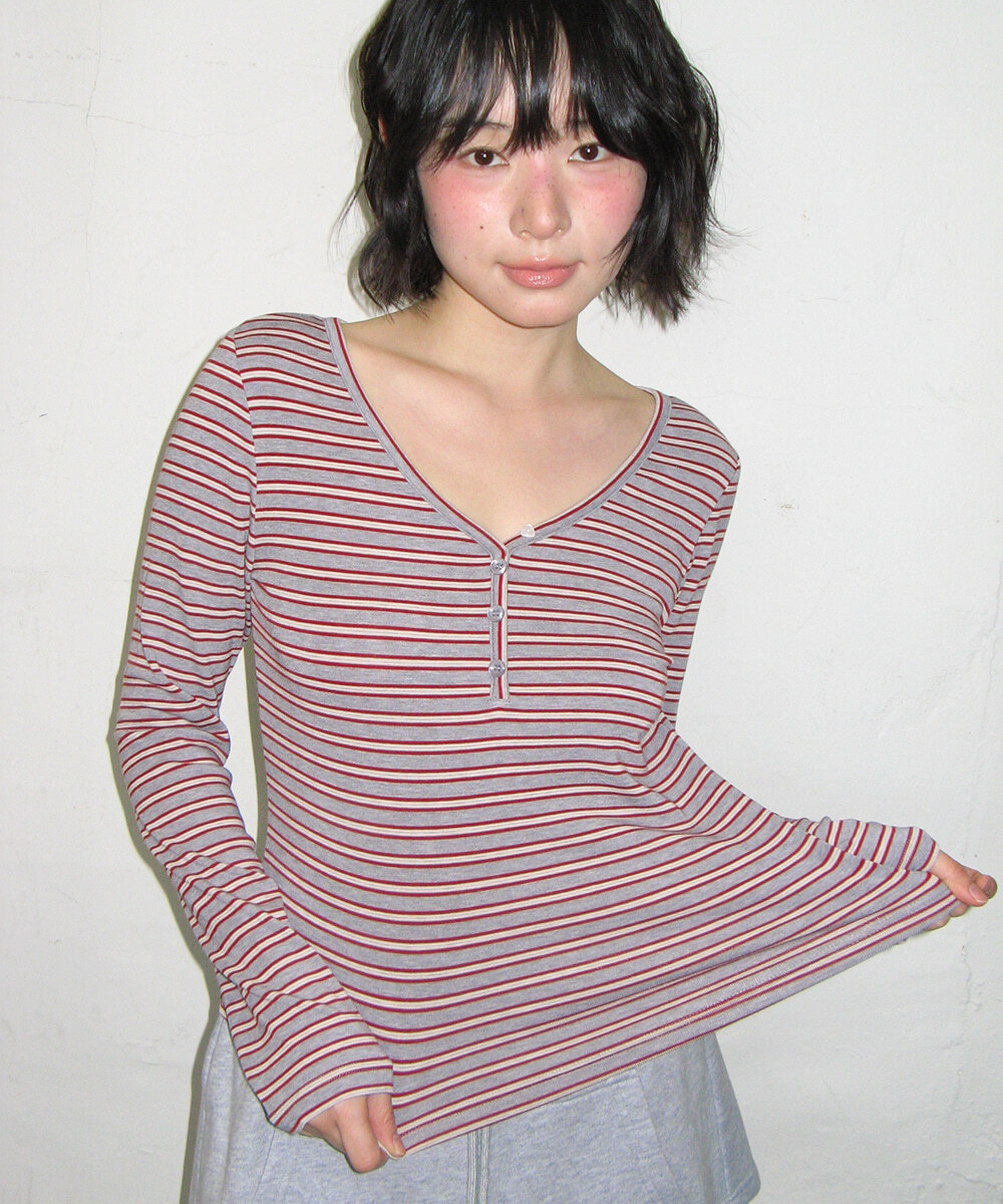 RONRON - MULTI STRIPE V NECK LONG SLEEVE *2色* (RR26ALT5323)