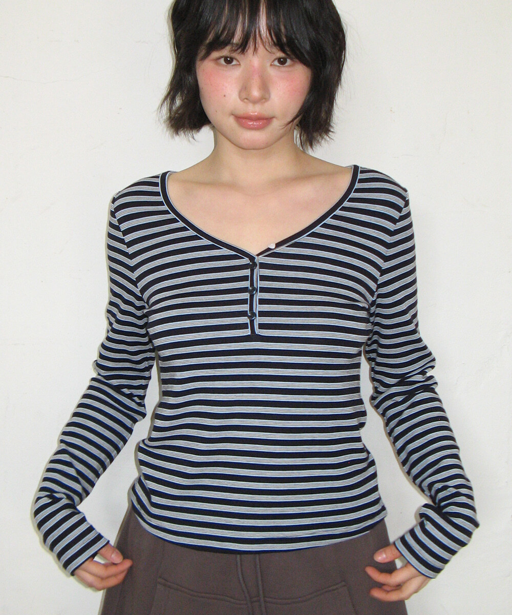 RONRON - MULTI STRIPE V NECK LONG SLEEVE *2色* (RR26ALT5323)