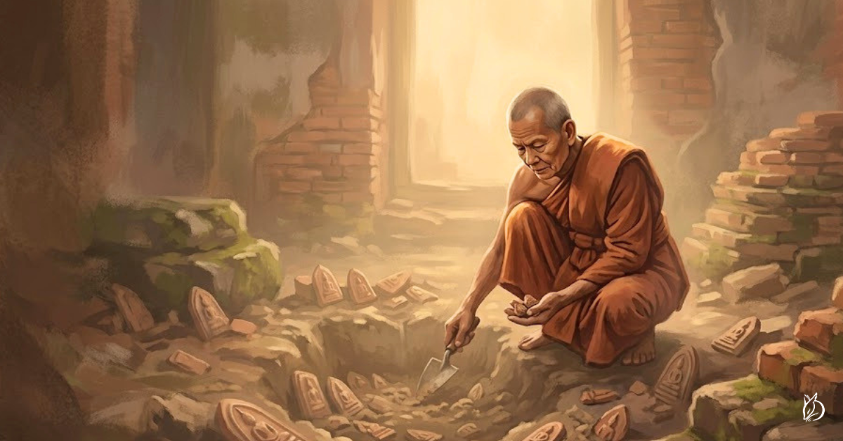 西元1849年,阿贊多前往甘烹碧府(Kamphaeng Phet),在當地古老廢棄的佛塔中進行挖掘。他的團隊在塔基的窖藏中找到了大量素可泰時期的佛牌。