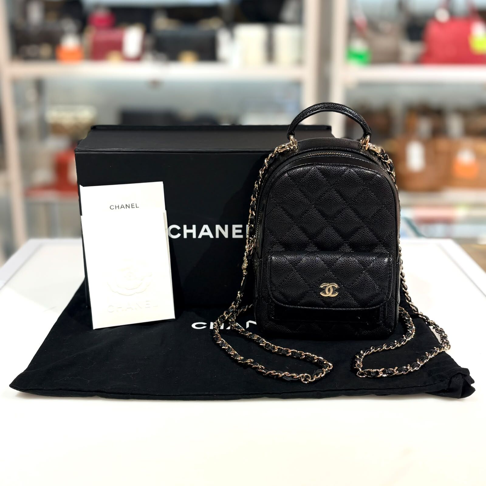 全新CHANEL背包 AP3753  Backpack Grained Calfskin MINI 黑色荔枝皮金扣 @芯片 #BRAND NEW #香榭站正品