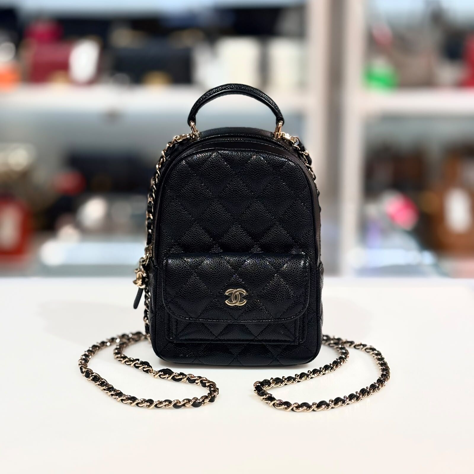 全新CHANEL背包 AP3753  Backpack Grained Calfskin MINI 黑色荔枝皮金扣 @芯片 #BRAND NEW #香榭站正品