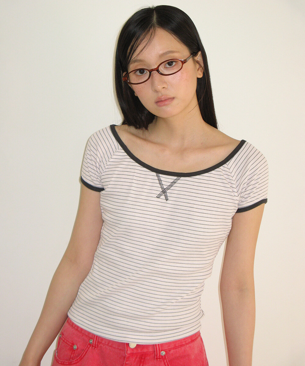 RONRON - STITCH STRIPE OFF SHOULDER T SHIRT *2色* (RR26AST5553)