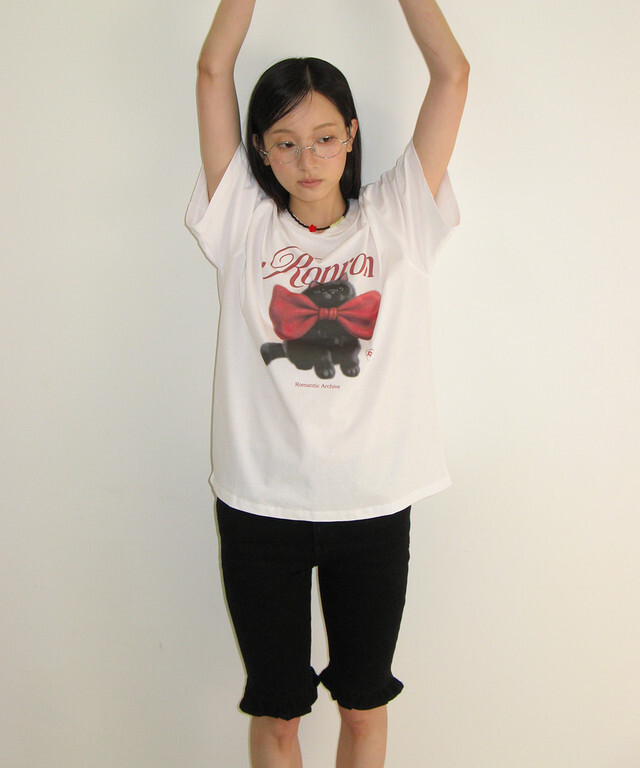 RONRON - BIG RIBBON CAT BASIC FIT T SHIRT *WHITE* (RR26AST5514WH)