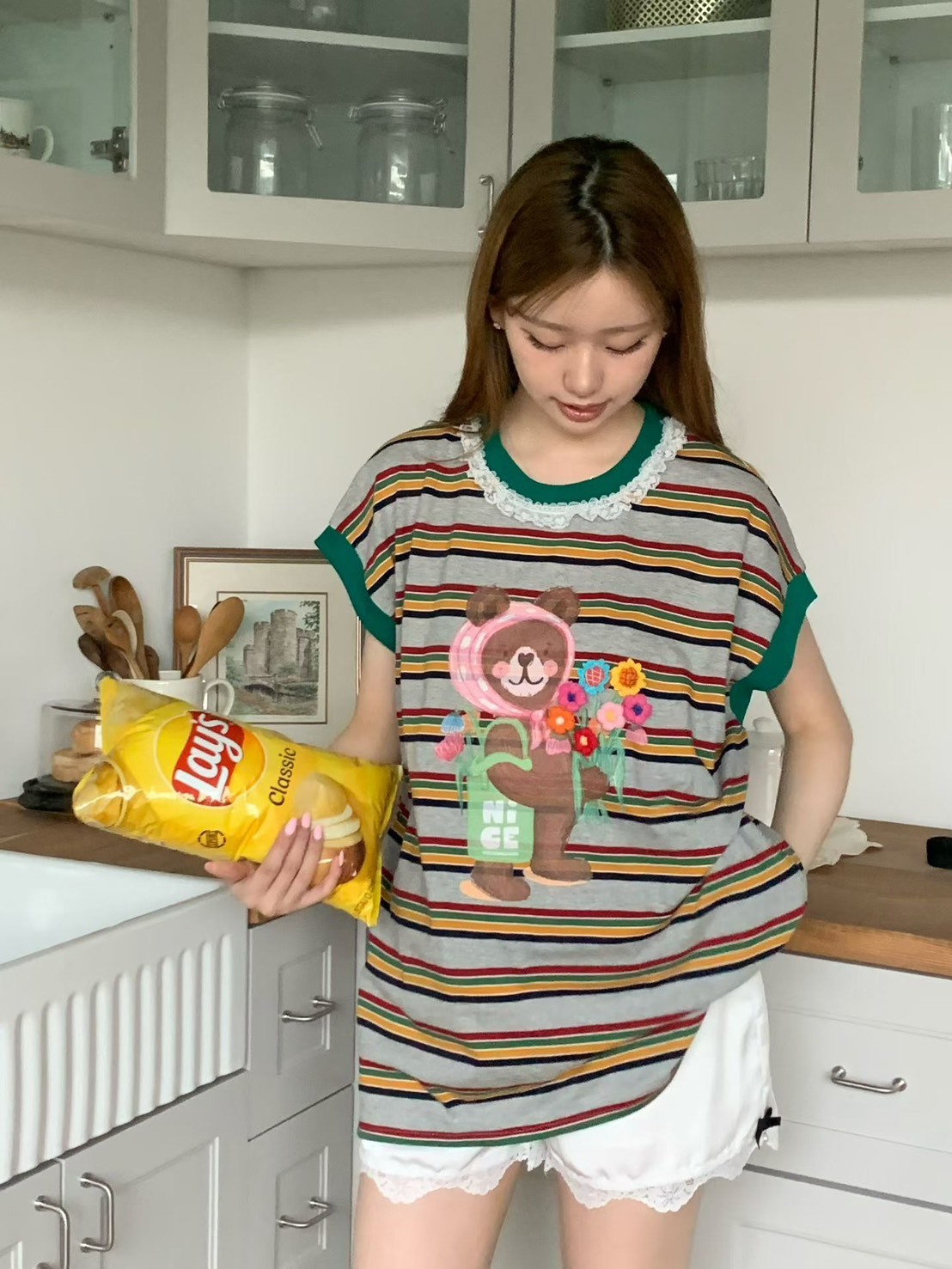 花朵棕熊條紋半袖T
