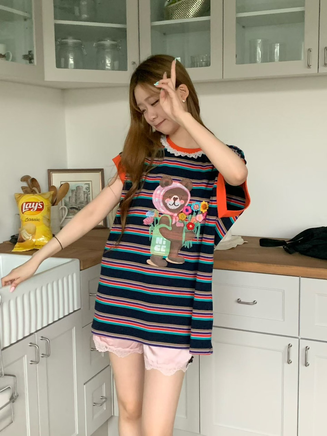 花朵棕熊條紋半袖T