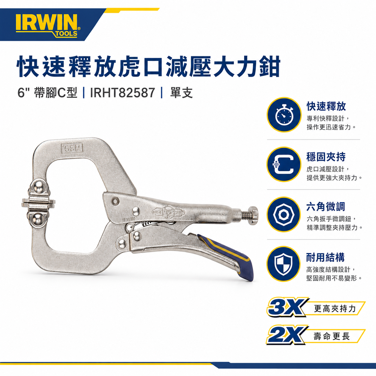 美國 IRWIN 握手牌｜快速釋放專利C型萬能鉗｜6" 快脫式大力鉗 6SP 萬能固定鉗｜IRHT82587