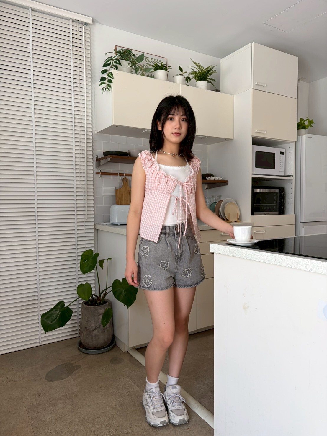 歐膩感格子兩件套背心