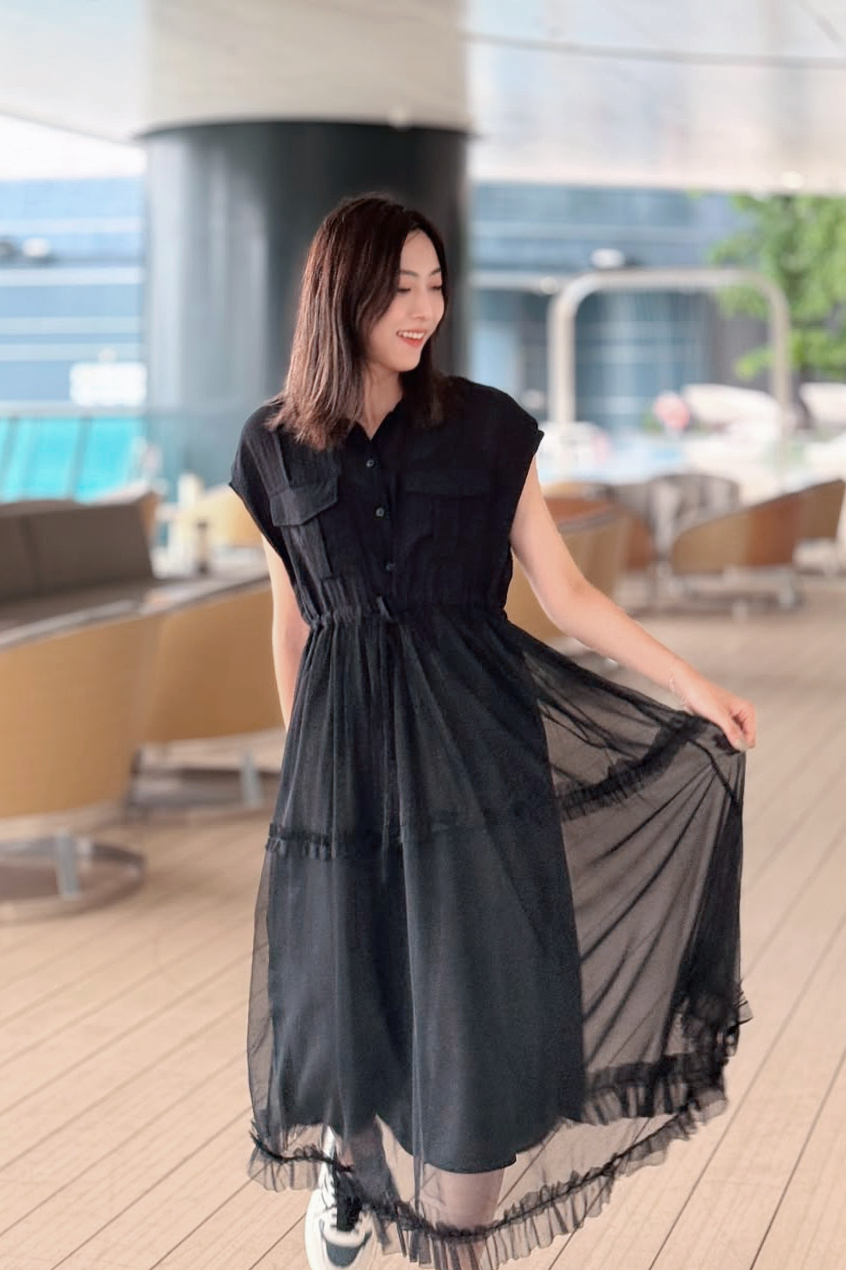 OP#8923 🇰🇷 高腰顯瘦黑紗OP
