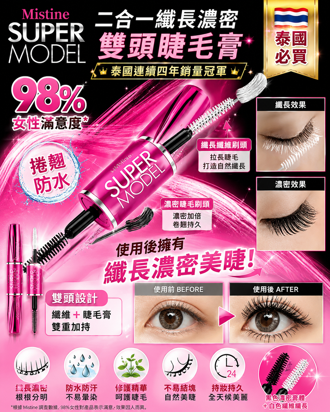 【預訂】AW071803 泰國 Mistine Super Model 濃密纖長4D雙頭睫毛膏