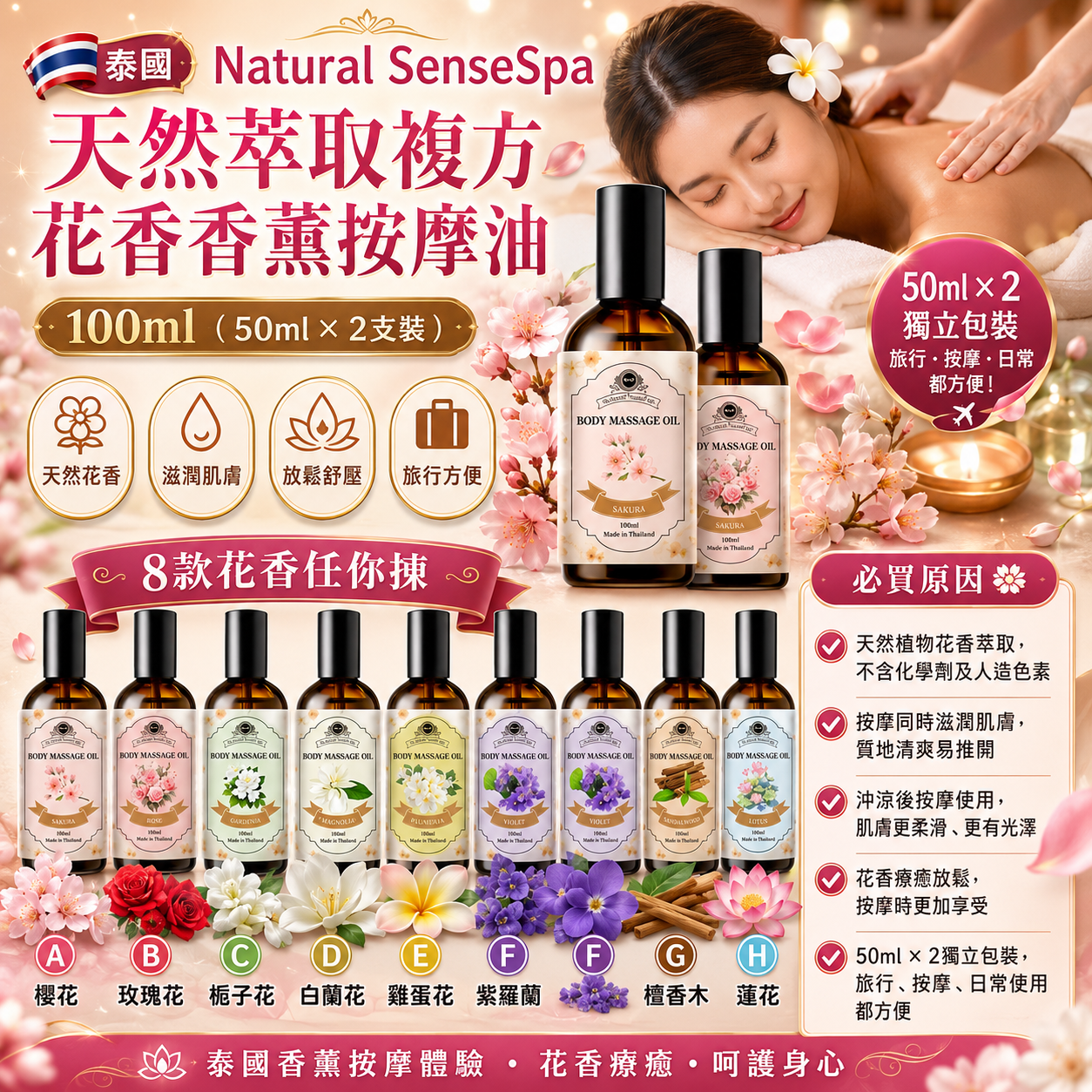 【預訂】AW071804 泰國 Natural SenseSpa 天然萃取複方花香香薰按摩油 ( 50ml x 2支裝)