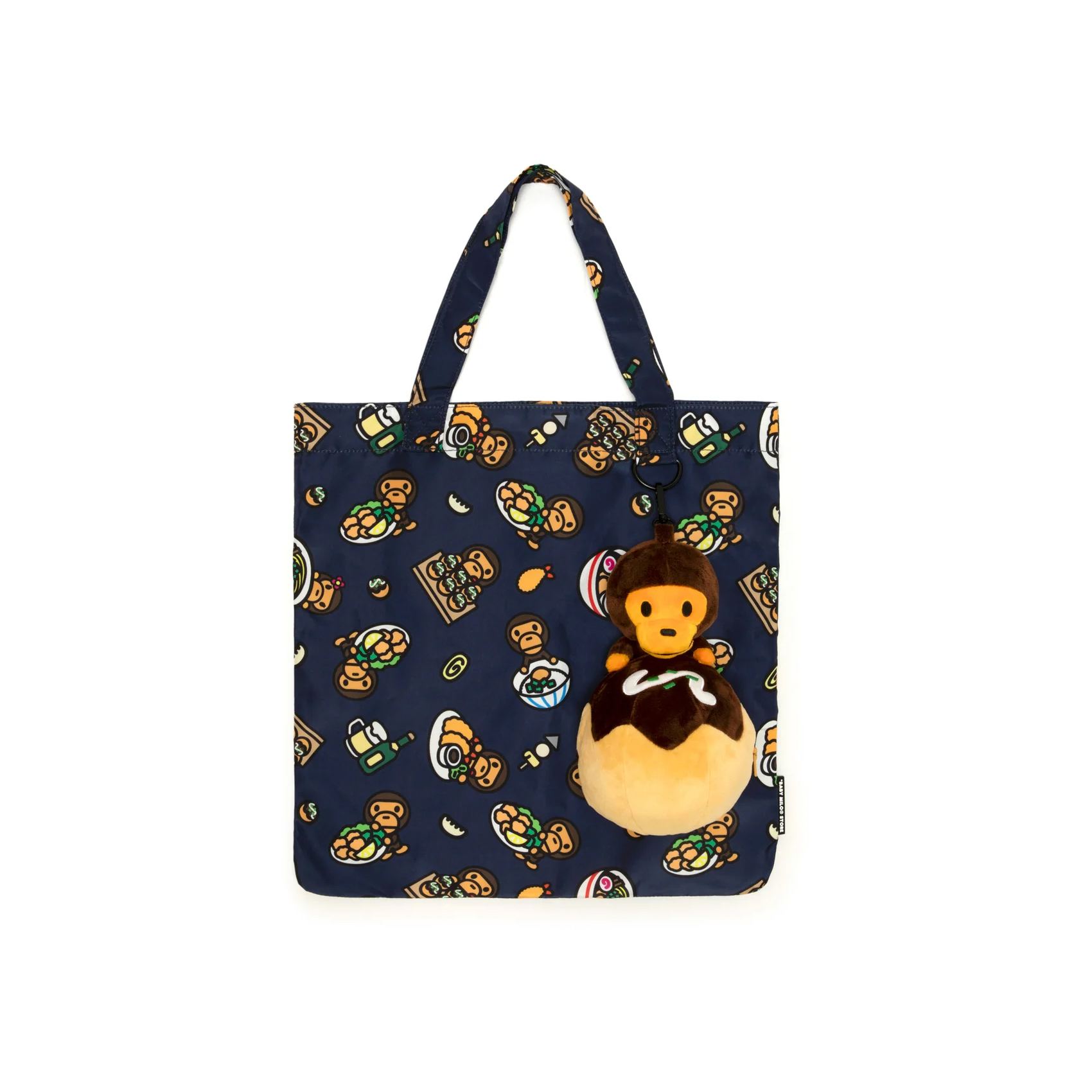 -(C6b)-A BATHING APE BAPE BABY MILO PRINT TOTE BAG WITH TAKOYAKI PLUSH KEYCHAIN 章魚燒 掛件 可收納式滿版美食購物袋 托特包-W4541XXR