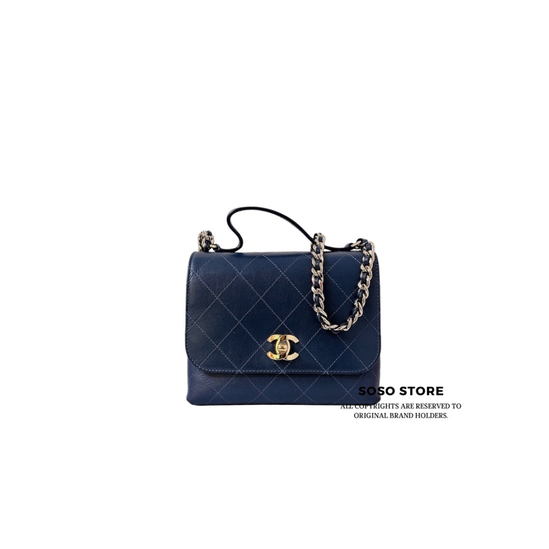 Chanel Top Handle Flap Bag - Navy Blue / GHW