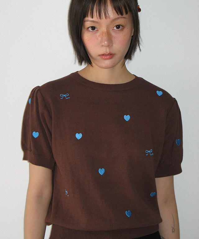 RONRON - RIBBON HEART PATTERN HALF KNIT *BROWN BLUE* (RR25BKT4830BR)