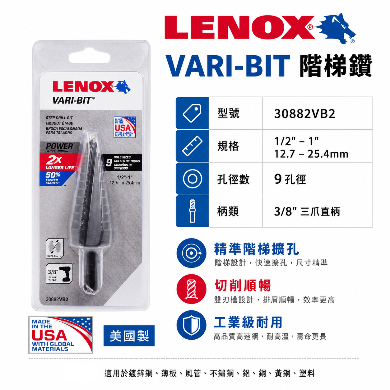美國 LENOX 狼牌｜12.7-25.4mm｜直柄階梯鑽頭｜開孔鑽尾 直柄階梯鑽 鑽孔器｜30882VB2