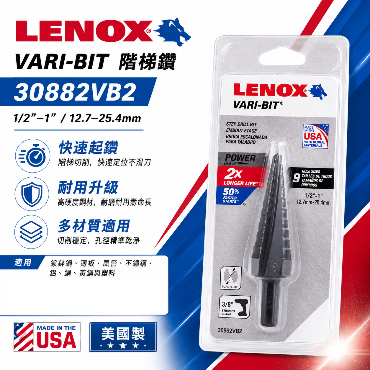 美國 LENOX 狼牌｜12.7-25.4mm｜直柄階梯鑽頭｜開孔鑽尾 直柄階梯鑽 鑽孔器｜30882VB2