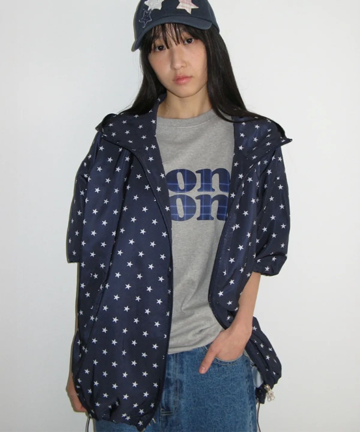RONRON - HOODED HALF SLEEVE WINDBREAKER *NAVY STAR* (RR25BJP4633NS)