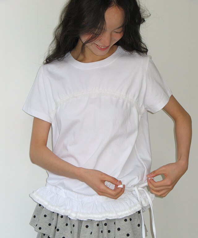 RONRON - FRILL SHIRRING SHORT SLEEVE T SHIRT *WHITE* (RR25AST4172WH)