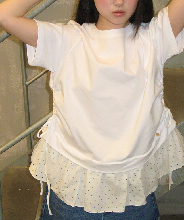 RONRON - DOT MESH SHIRRING LAYERED LONG T SHIRT *WHITE* (RR25AST4138WH)