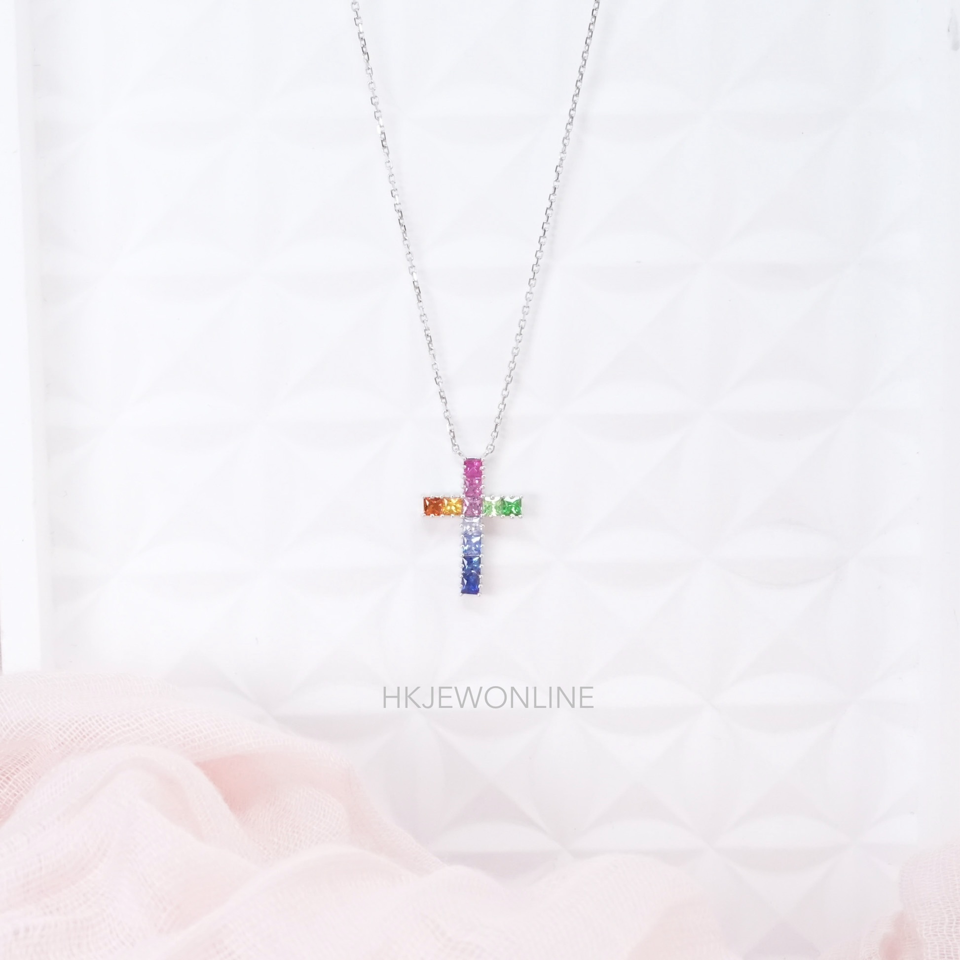 18K WHITE GOLD MULTI SAPPHIRE CROSS NECKLACE