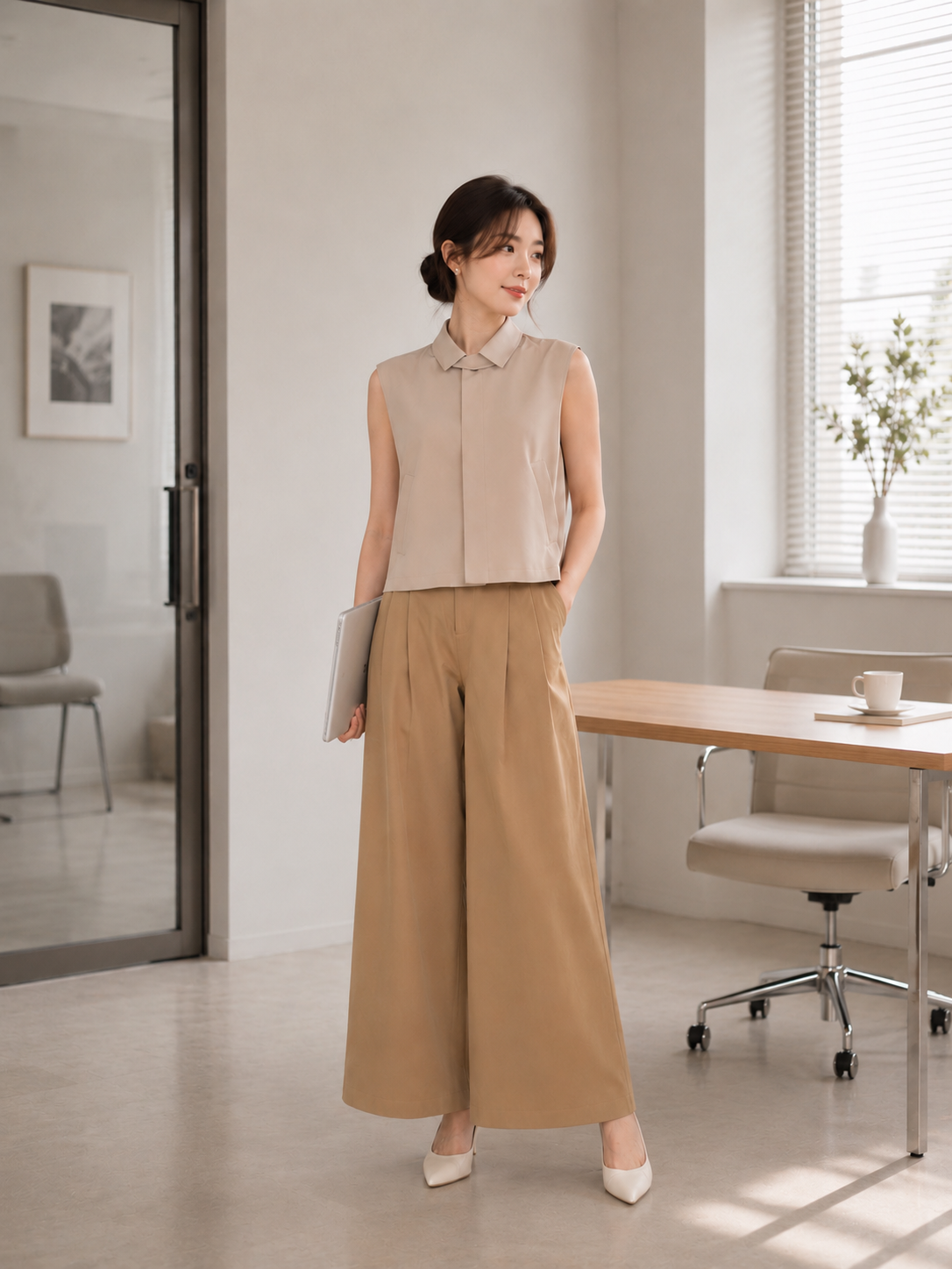 BUTTON PLEATS BACK COLLARED BLOUSE