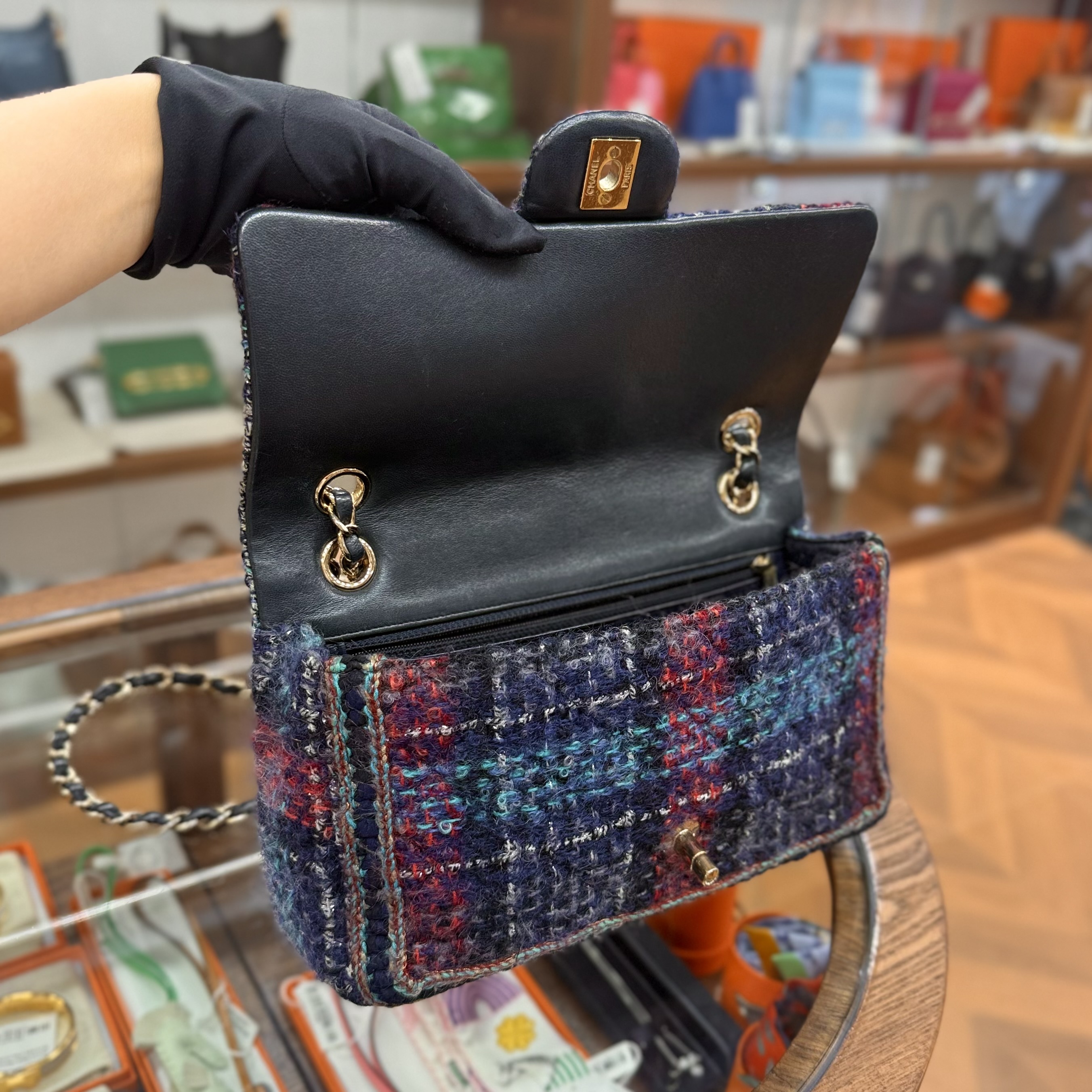 85%New Used Chanel Cf25 Cf26 藍色羊毛軟呢 Classic Double Flap Bag Medium