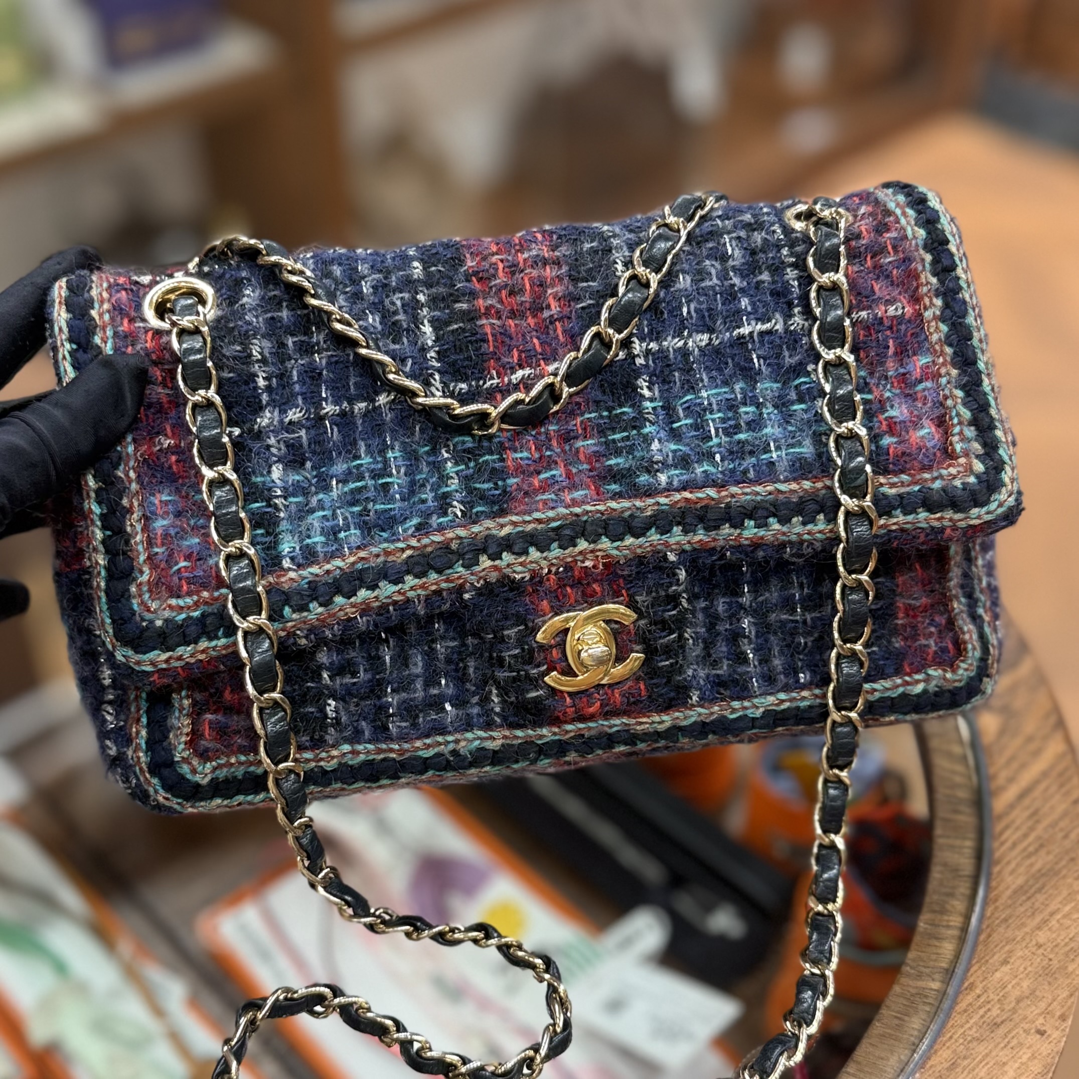 85%New Used Chanel Cf25 Cf26 藍色羊毛軟呢 Classic Double Flap Bag Medium