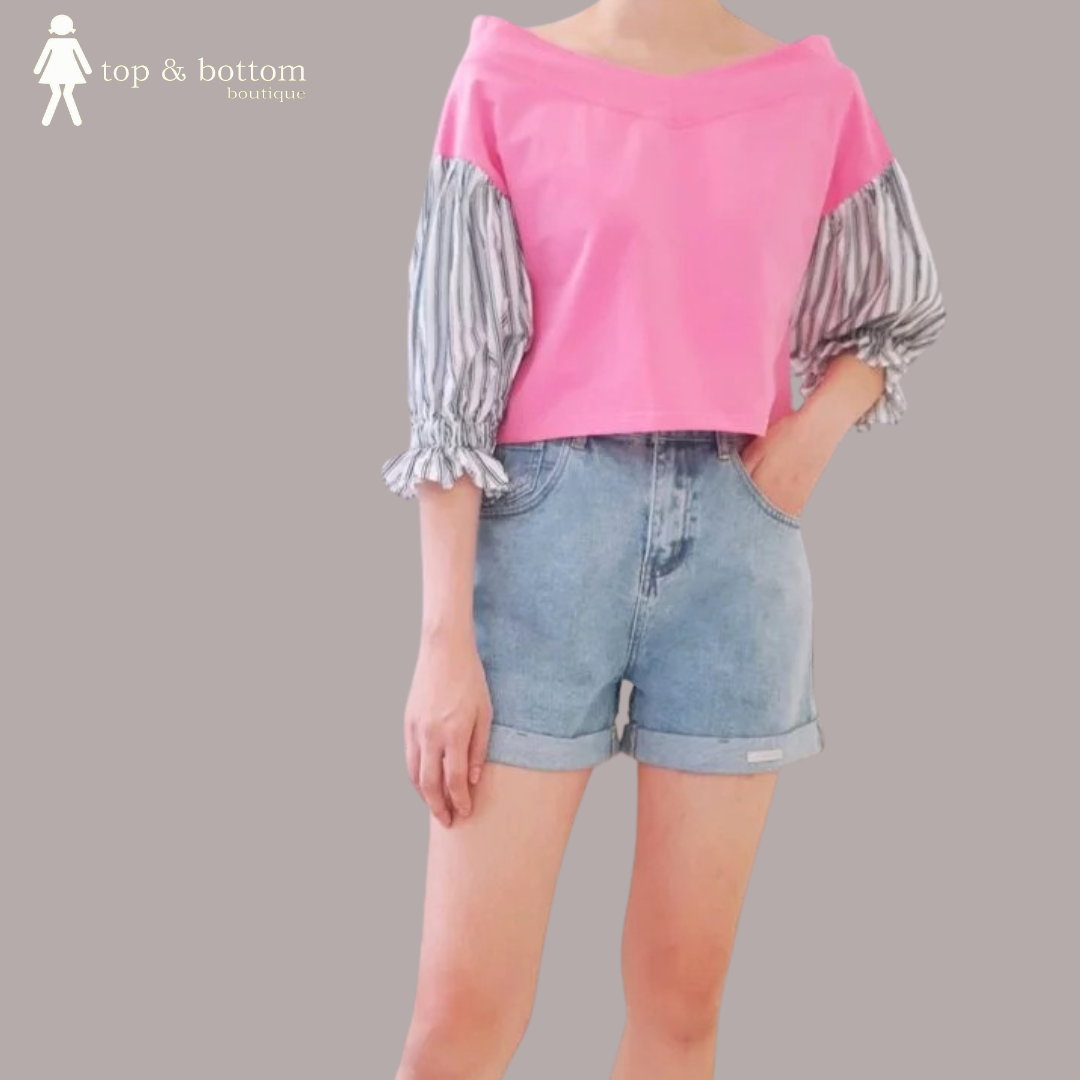 STRIPES PUFF SLEEVE OFF SHOULDER BLOUSE