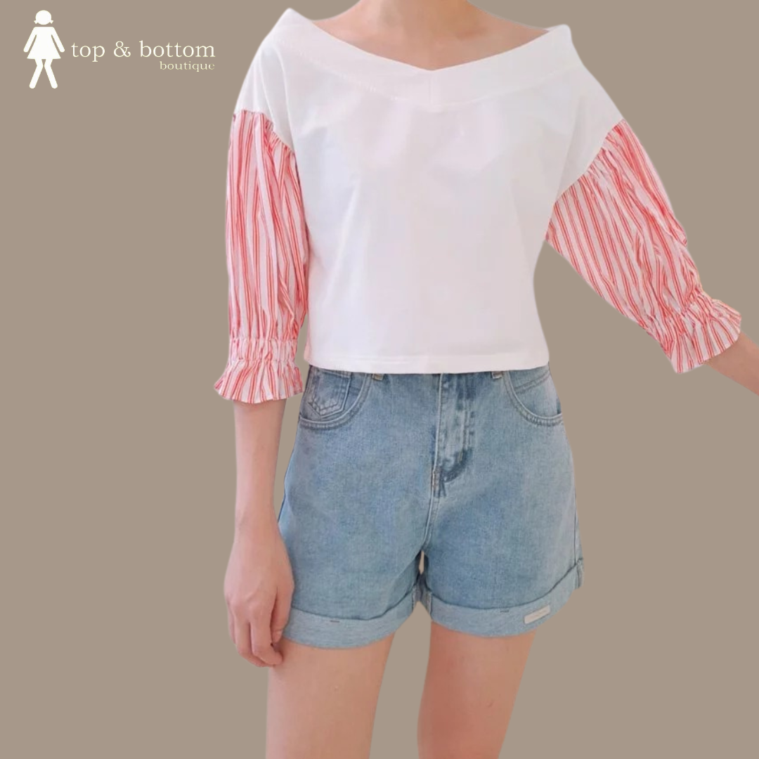 STRIPES PUFF SLEEVE OFF SHOULDER BLOUSE