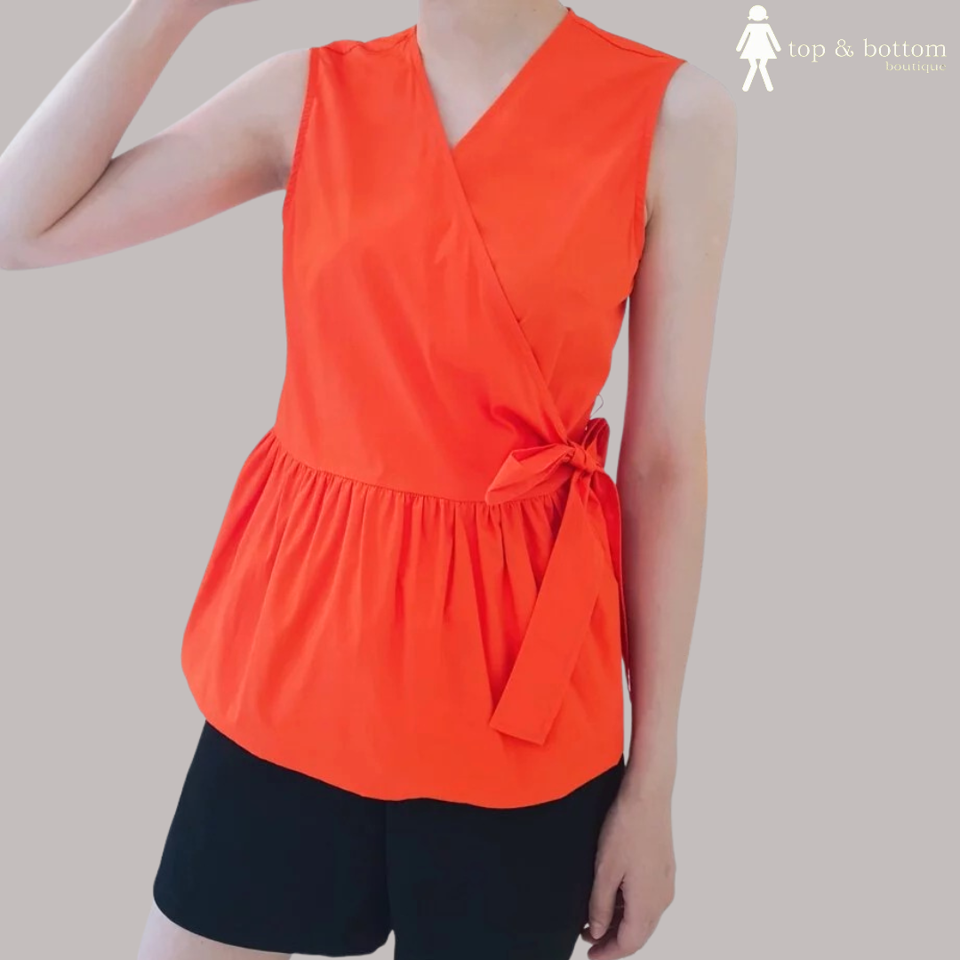 FRONT RIBBON WRAP PEPLUM BLOUSE