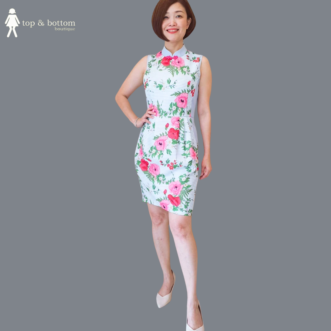 STRIPES FLORAL PANEL CHEONGSAM DRESS