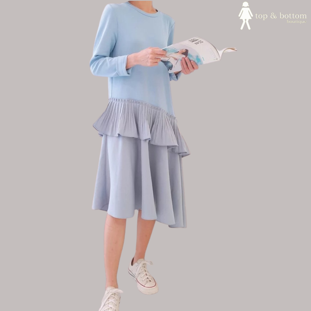 RUFFLED L/SLEEVE MIDI SHIFT DRESS