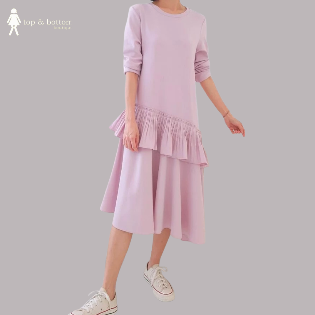 RUFFLED L/SLEEVE MIDI SHIFT DRESS