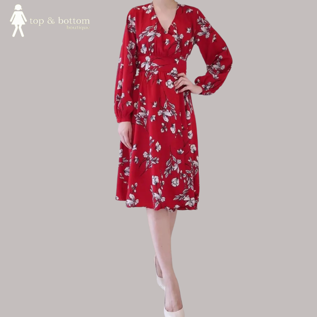 FLORAL RIBBON WAISTED LONG DRESS
