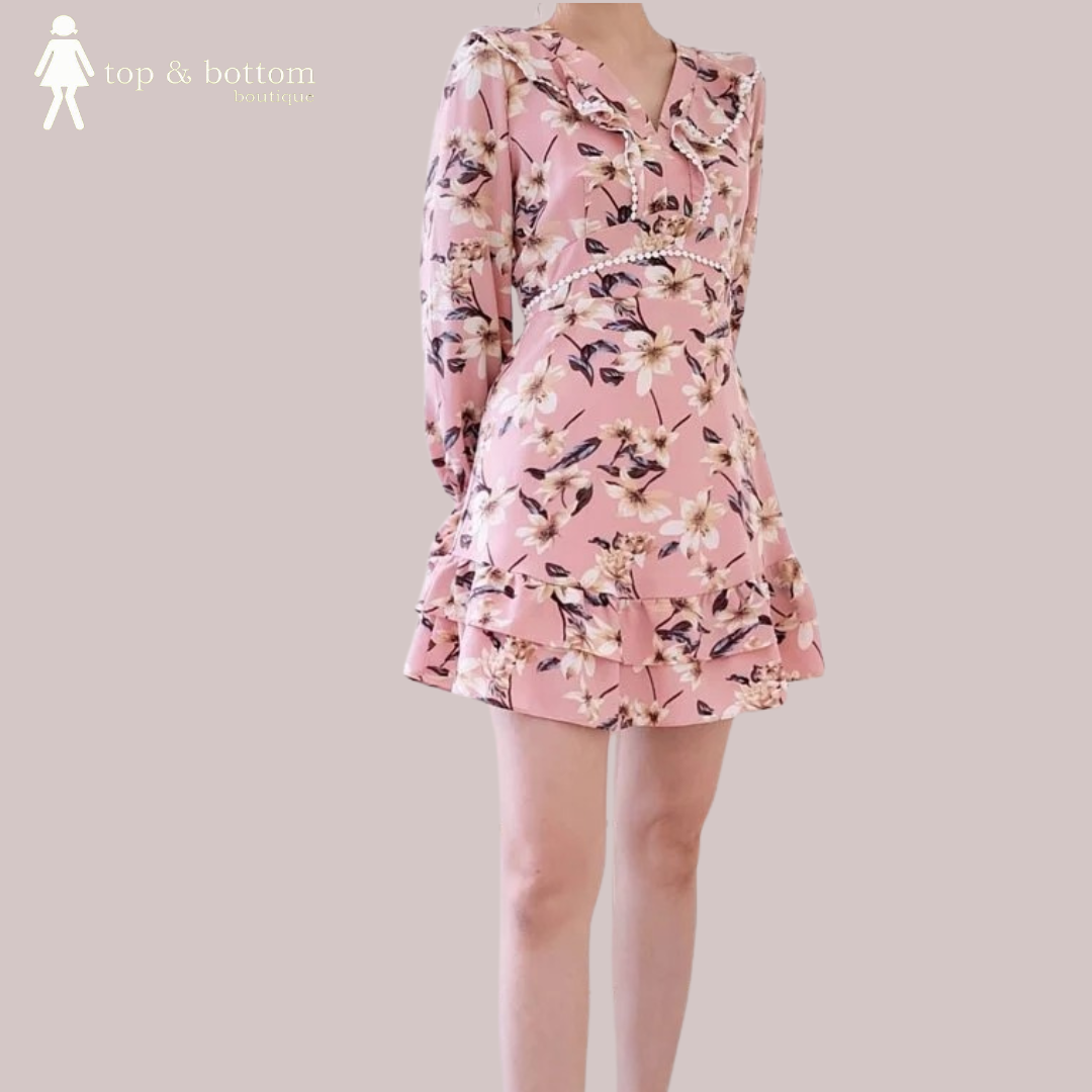 FLOWERS FLOUNCE SLEEVE SHORT DRESS