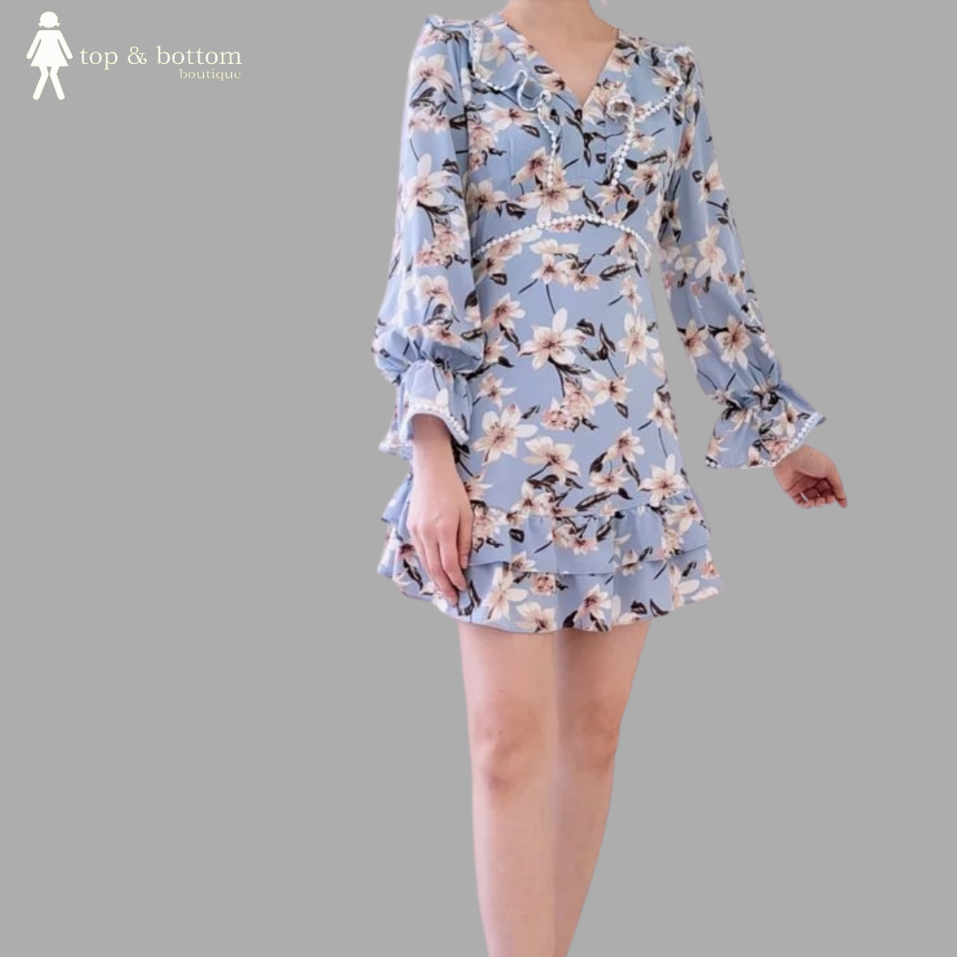 FLOWERS FLOUNCE SLEEVE SHORT DRESS