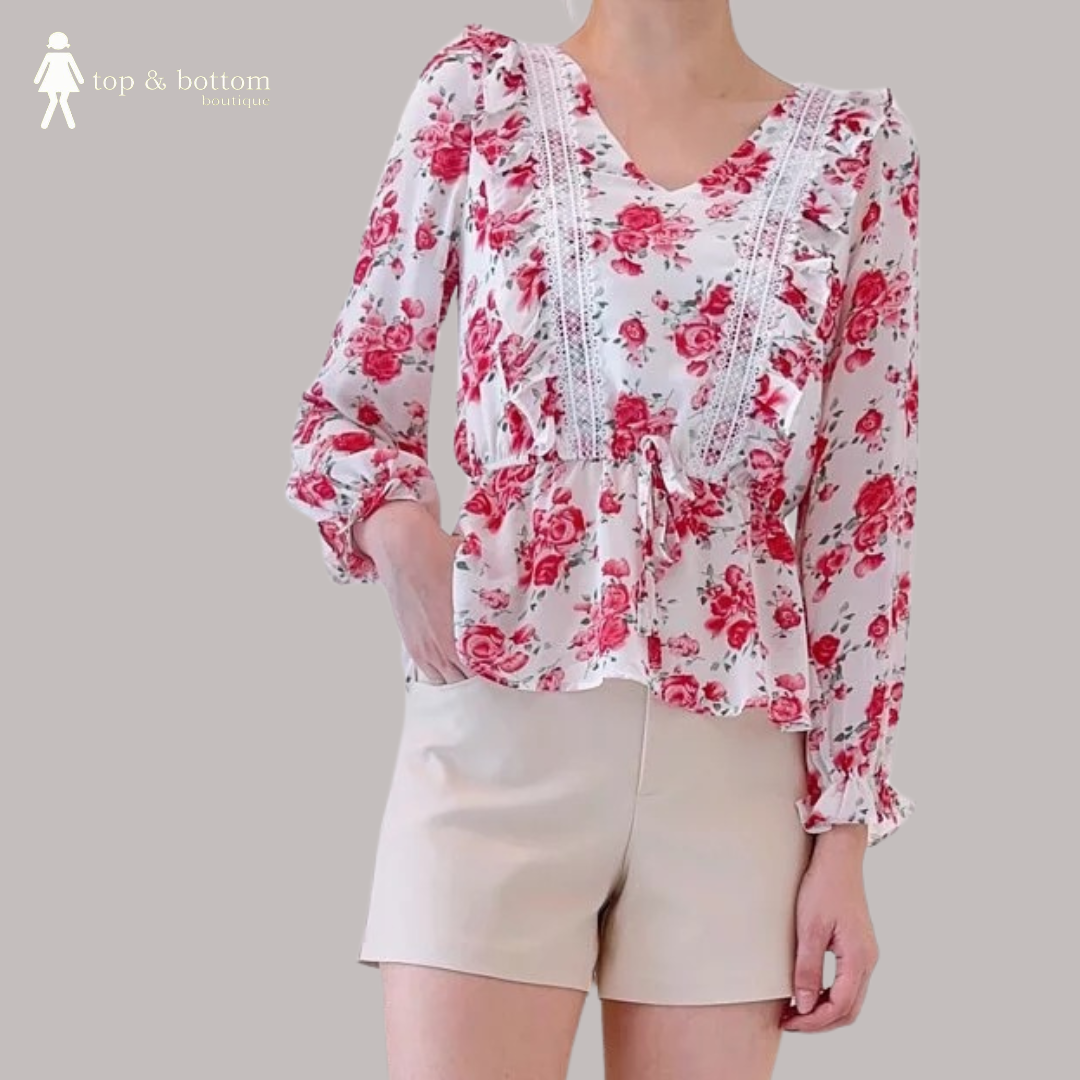 FLOWERS CHIFFON PEPLUM BLOUSE