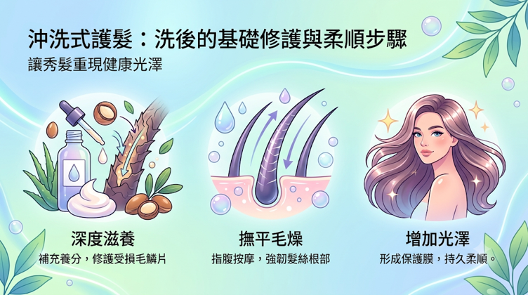 沖洗式護髮:洗後的基礎修護與柔順步驟,沖洗式護髮是洗髮後的基礎修護,可趁頭髮濕潤時撫平毛鱗片、減少打結並恢復柔順。 日常可每次使用潤髮乳,髮膜則適合每週加強修護。